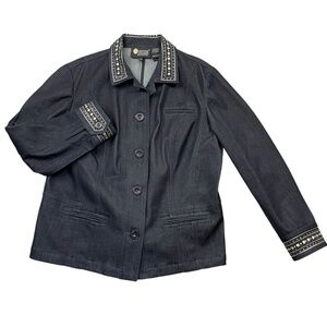 Christina Alexander XL Black Jcket Denim Embellished Pockets Button Up
